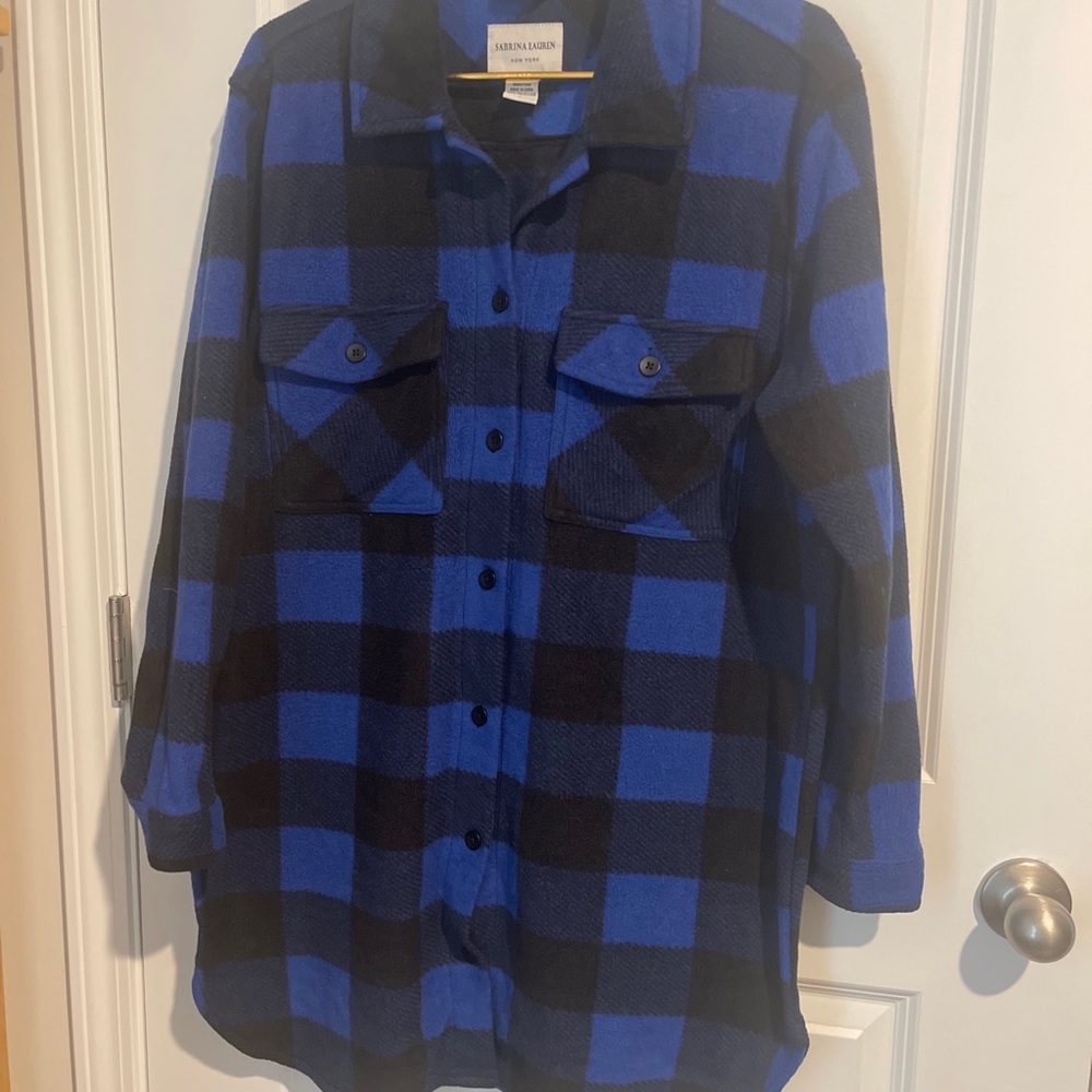 Sabrina Lauren Sz L Blue & Black Buffalo Plaid Button-Up Shirt/Jacket Lt fleece